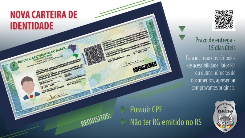 Cartaz sobre Nova Identidade. Requisitos Possuir CPF e não ter RG emitido no RS