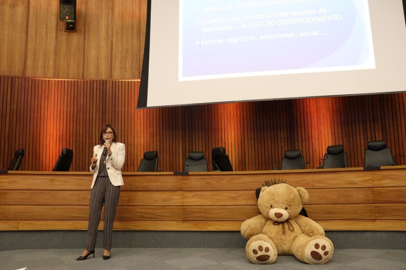 Foto mostra a médica-legista Andréa Toccheto apresentando um dos painéis durante o seminário.